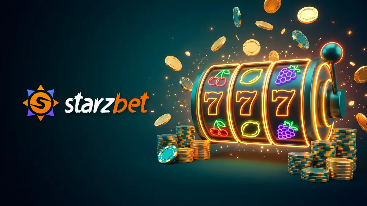 Starzbet logosu ve üç yedi gelmiş neon slot makarası, etrafında saçılan jetonlar
