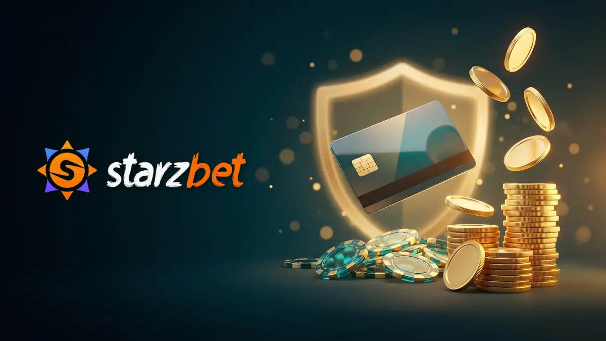 Starzbet logosu, kalkan önünde banka kartı, jeton yığınları ve casino fişleri
